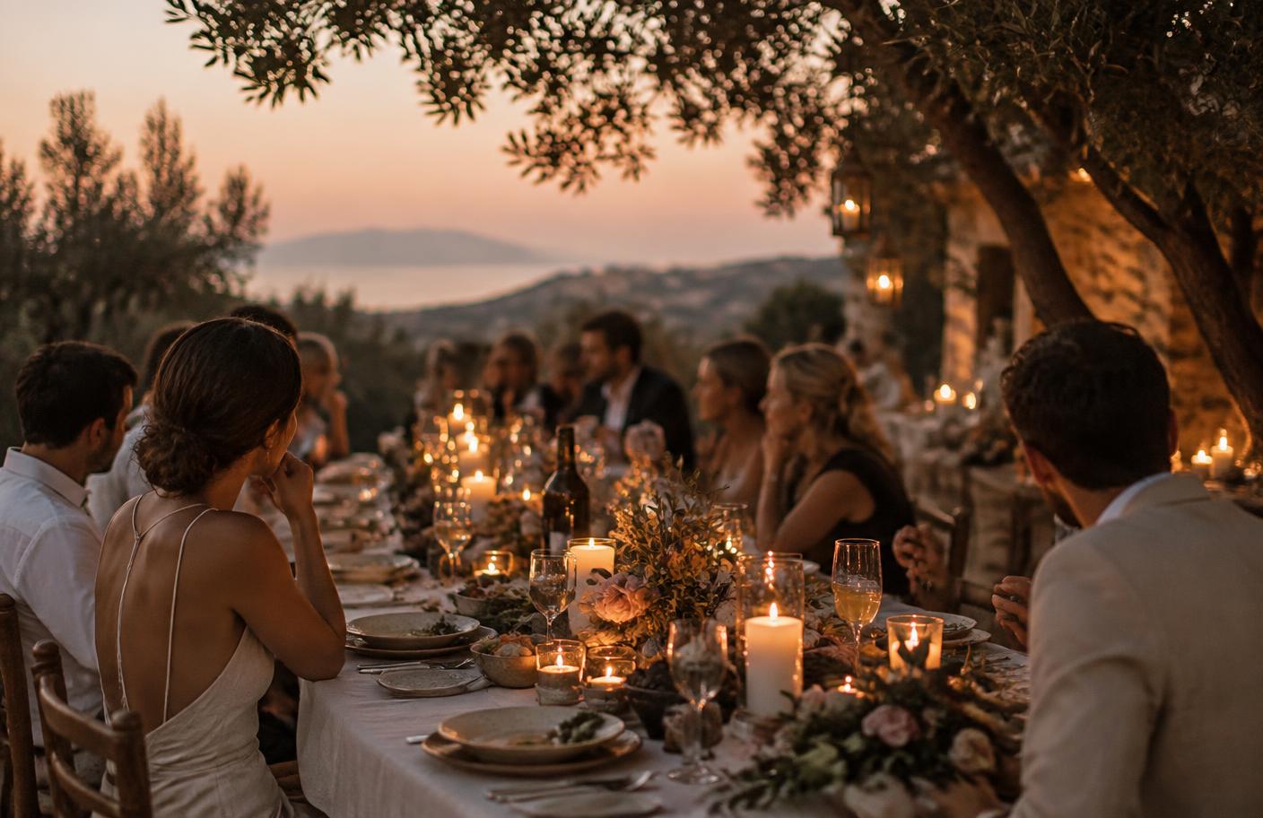 Candlelit wedding dinner under olive trees