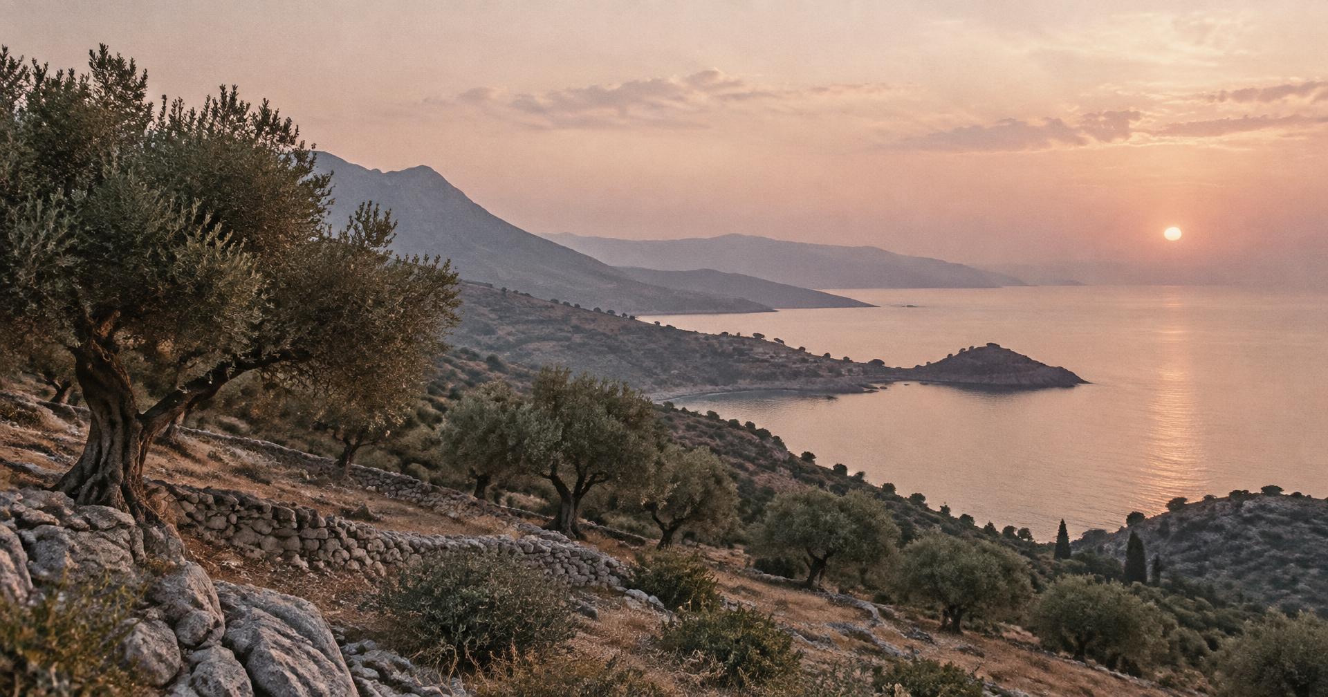 Olive terraces above a Cretan bay at dusk