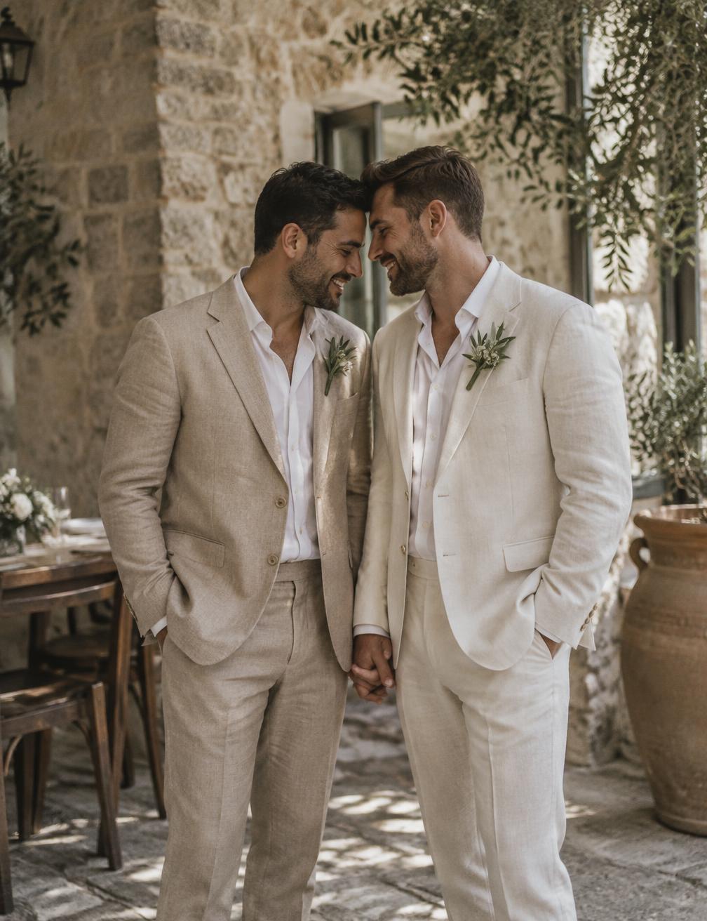 Two grooms laughing together in a sunlit Cretan courtyard